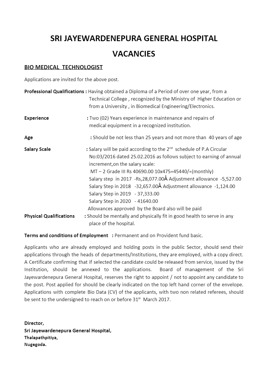 Bio Medical Technologist - Sri Jayewardenepura General Hospital